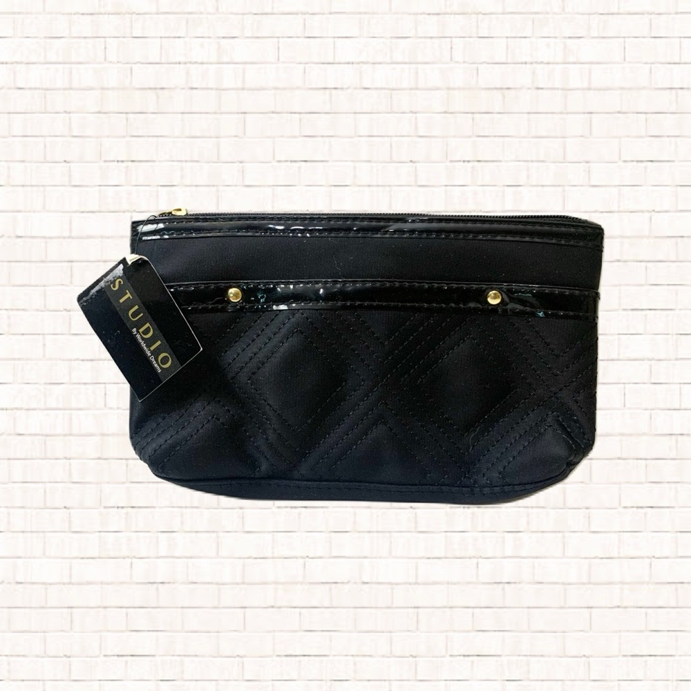 NWT black jacquard cosmetics make up bag travel pouch zip top gold accents